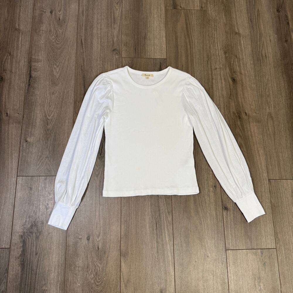 Madewell Ribbed Puff-Sleeve Top Sz S White Long Sleeve Slim Fit Pullover Cotton - Picture 4 of 8